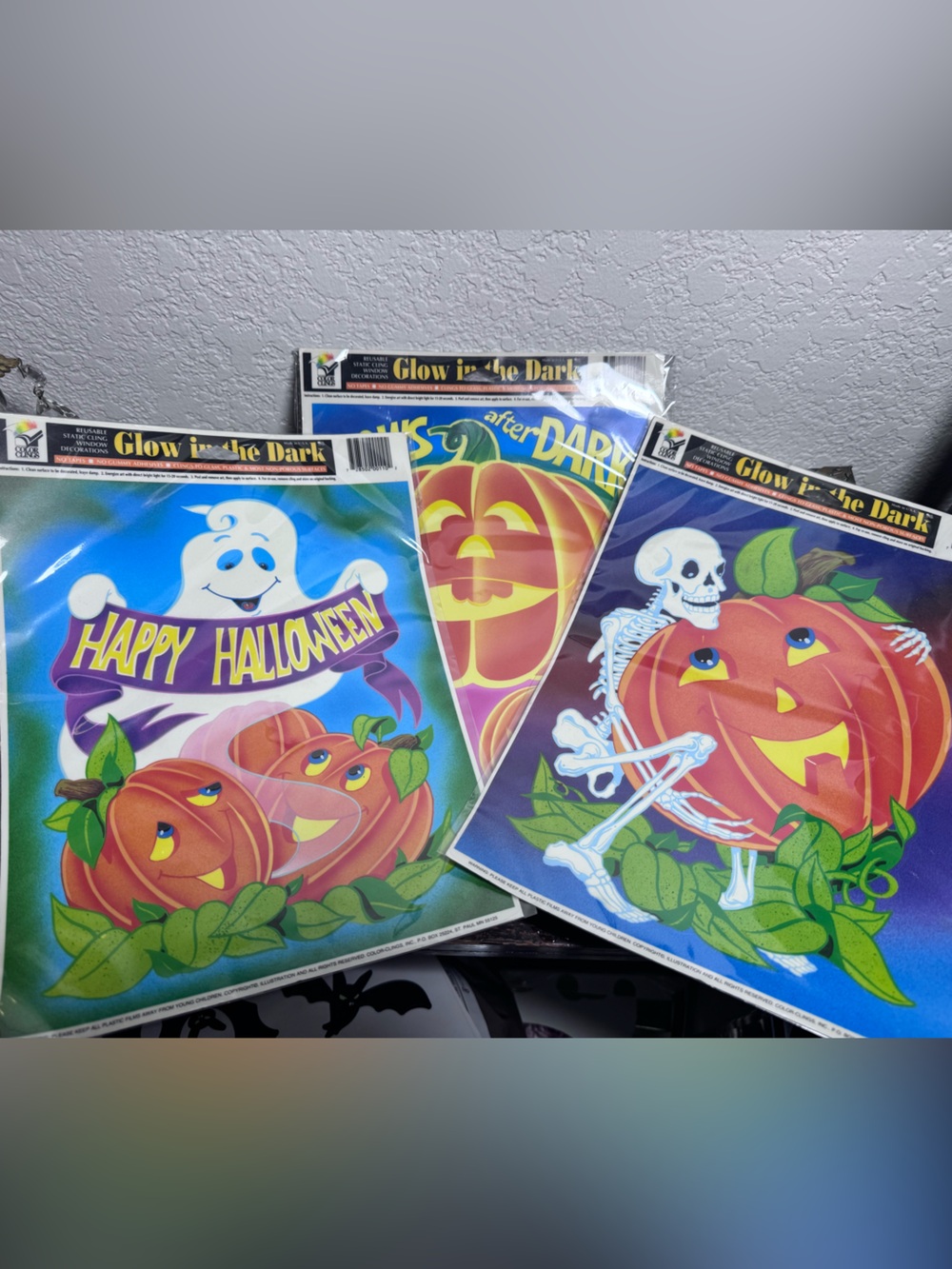 3 Vtg Glow In The Dark Halloween Window Clings By Color Clings Decoration